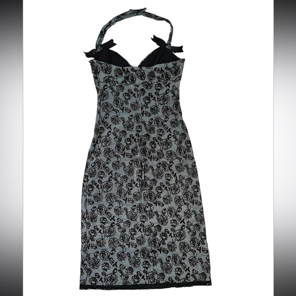 BETSEY JOHNSON Vintage 90's Flocked Rose Halter Bodycon Dress Retro Rockabilly - Picture 13 of 16